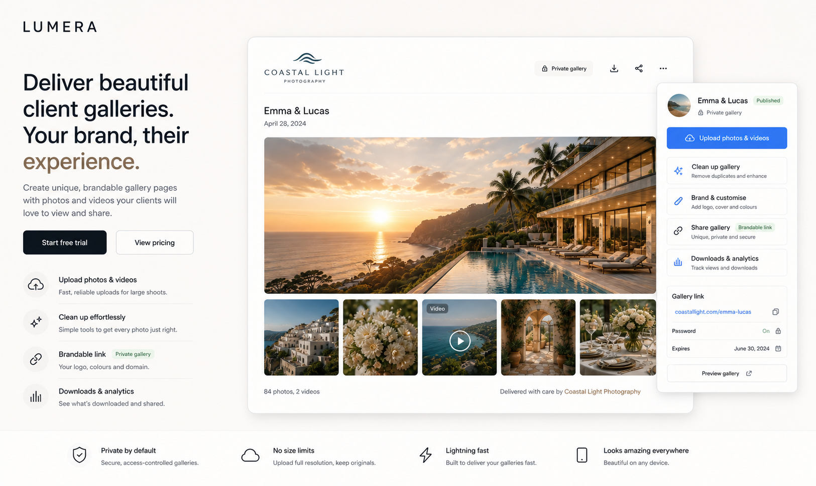 Lumera brandable business gallery page showing photos and video delivery