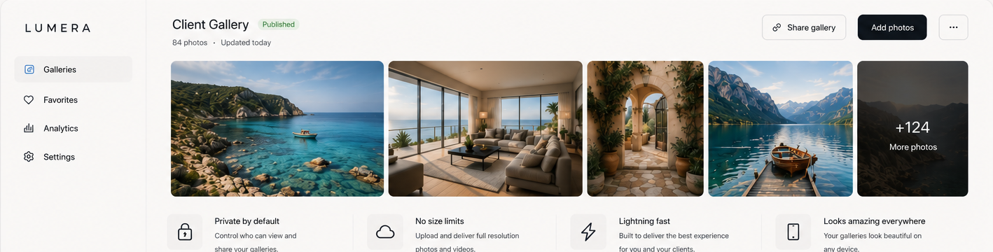 LUMERA client gallery product preview with private sharing and photo thumbnails