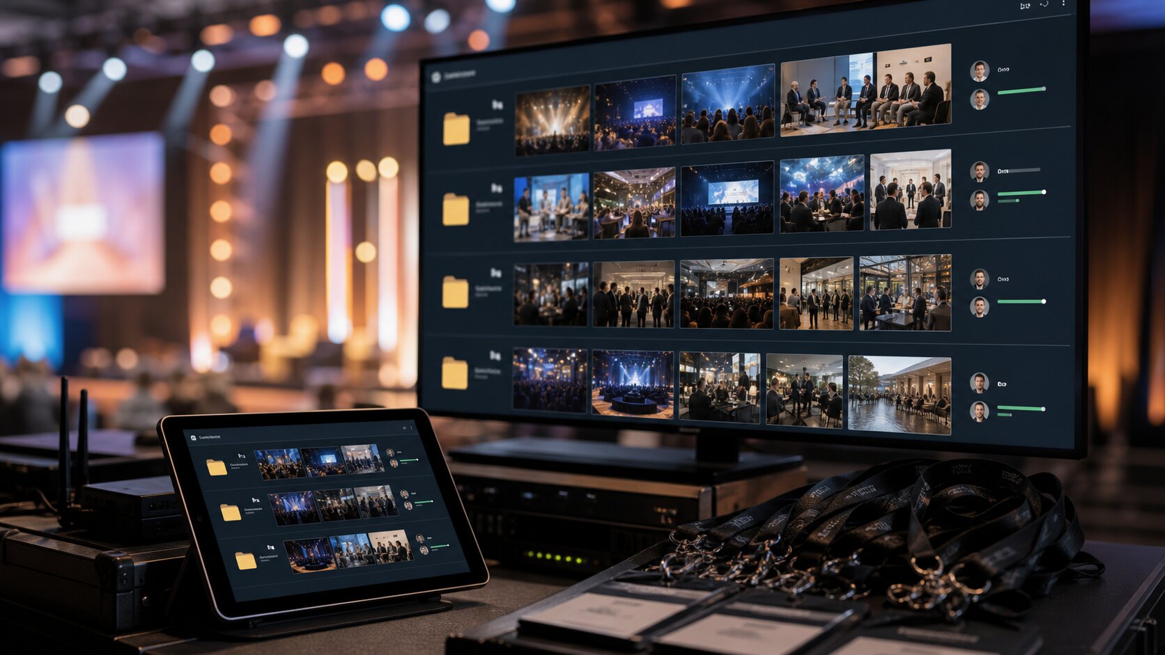 Event photo sets organised for sponsors and teams on a control-room display