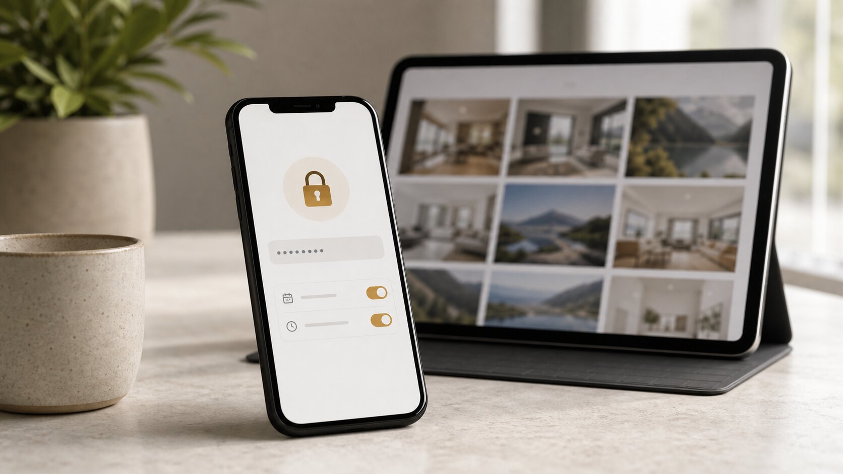 Password-protected gallery access screen beside a private image grid
