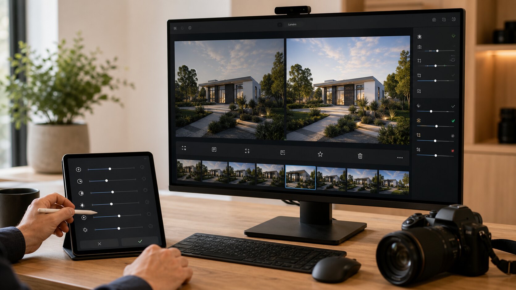 Photo cleanup workflow on desktop and tablet before client delivery