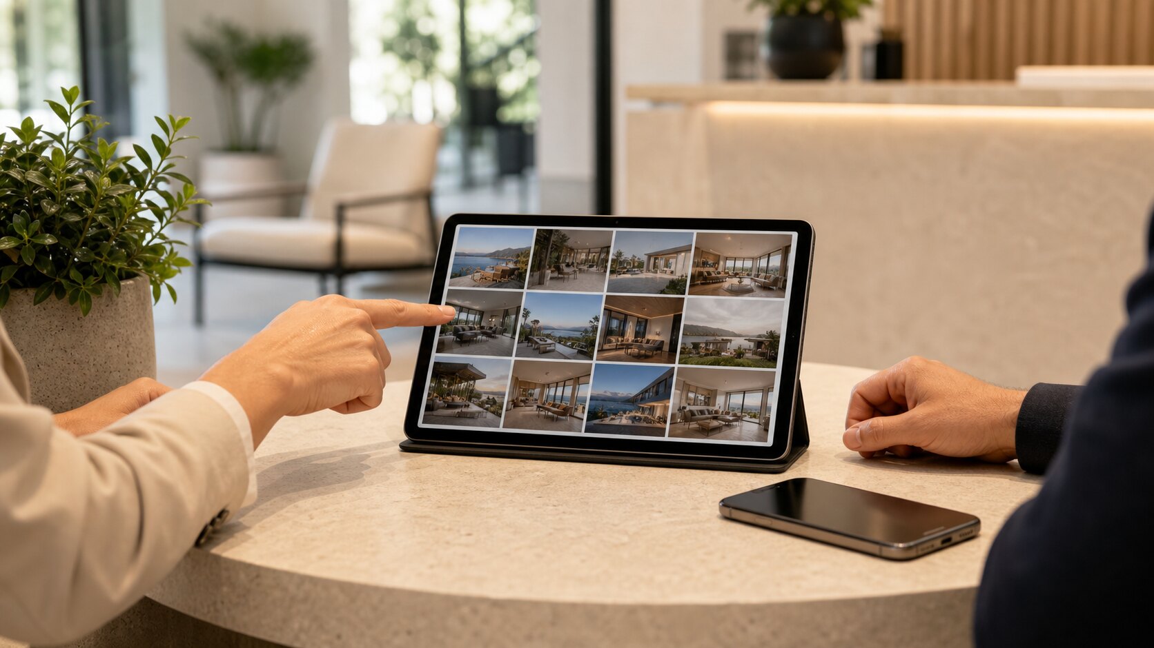 Client reviewing a private property photo gallery on a tablet