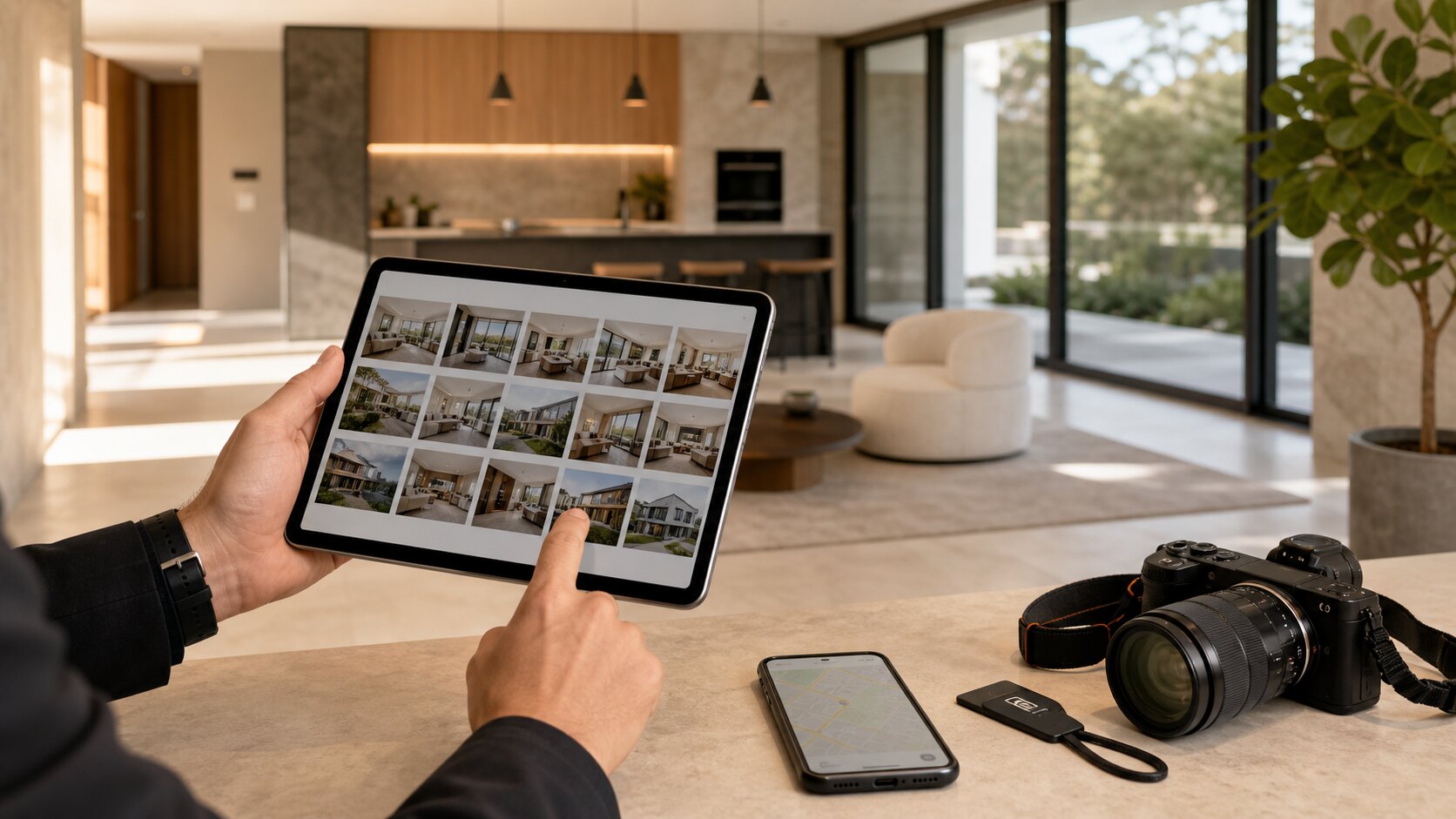 Property gallery being reviewed on a tablet inside a modern home