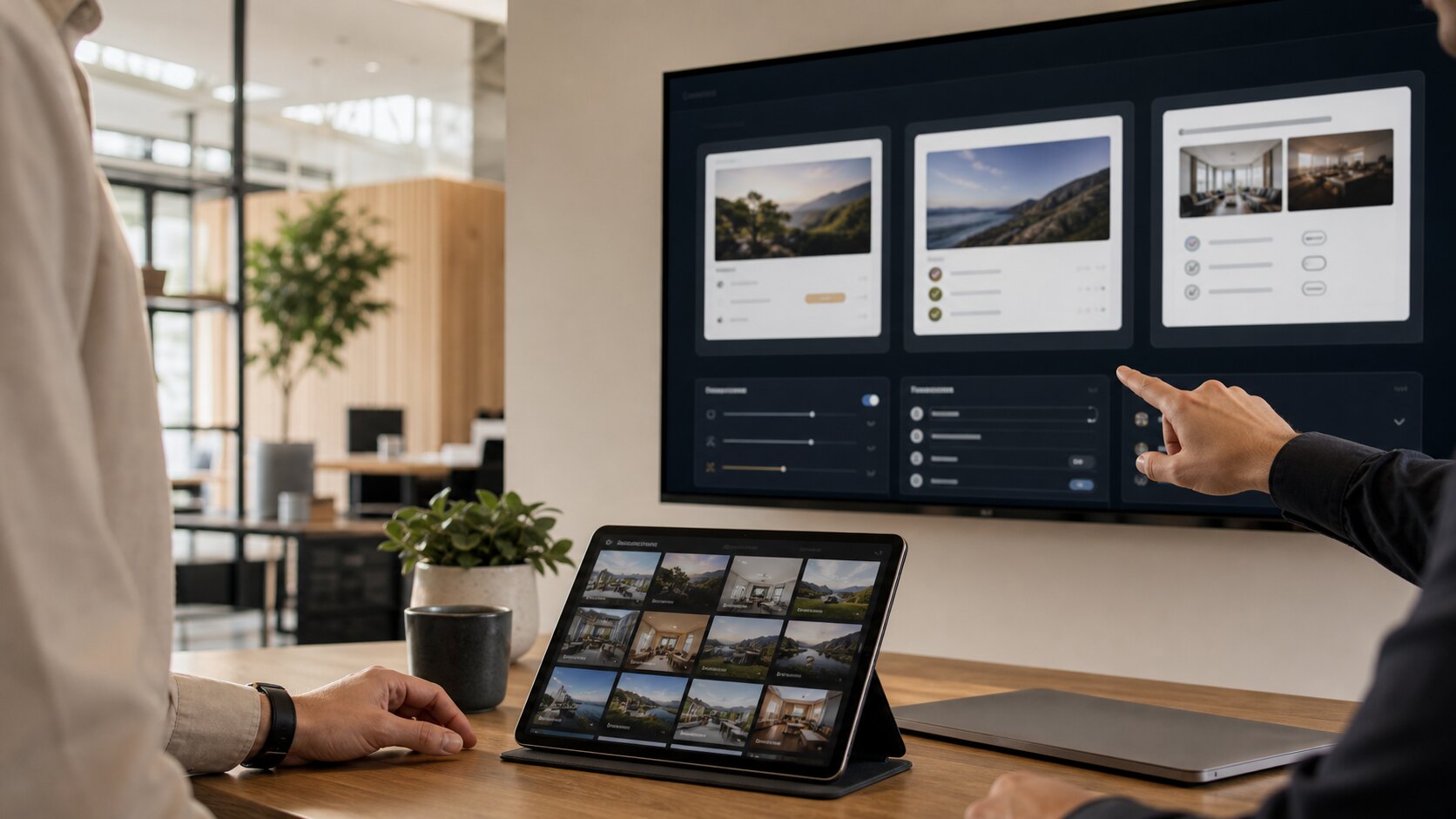 Small business team reviewing client gallery software on a wall display