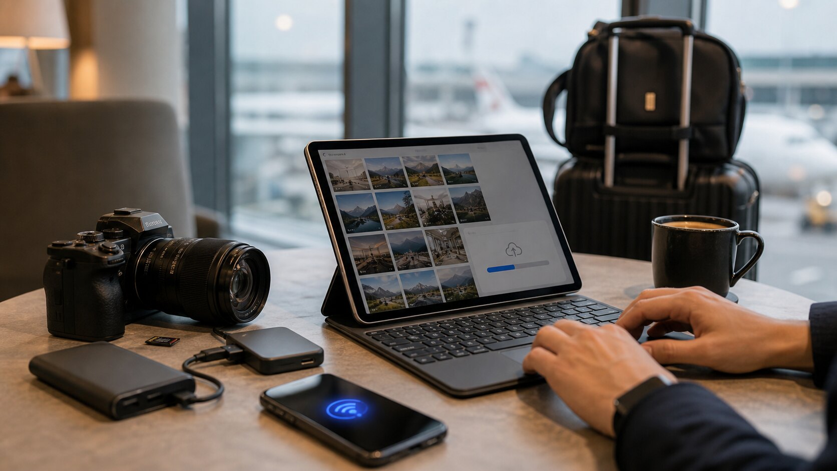 Large photo collection uploading from a tablet while travelling